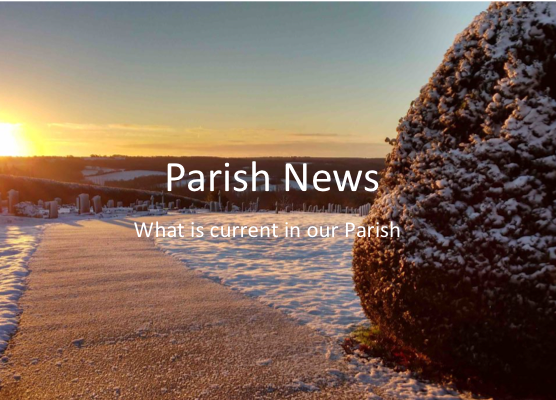 Image of churchyard in winter overlaid with text Latest Parish News. Click image to see the latest parish news